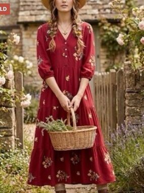 Women's cactus + pearl Floral Tiered Maxi Dress in Burgundy